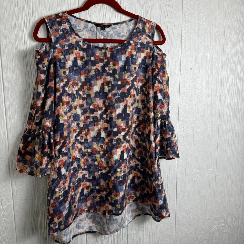 John Mark Multicolor Abstract Cold Shoulder Top 3/4 Sleeve Size Medium Artsy - Picture 7 of 8